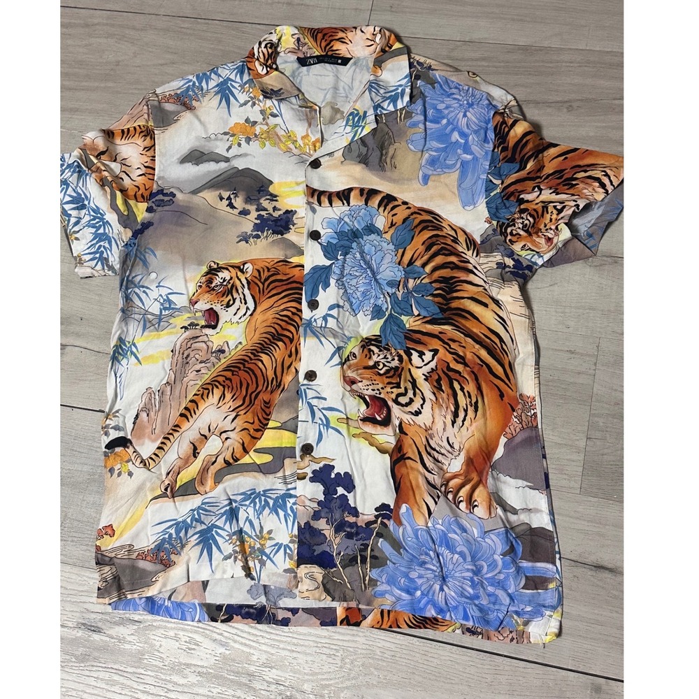 Zara Mens Tiger Floral Print Button Up Shirt Short Sleeve Large Asian Art Style